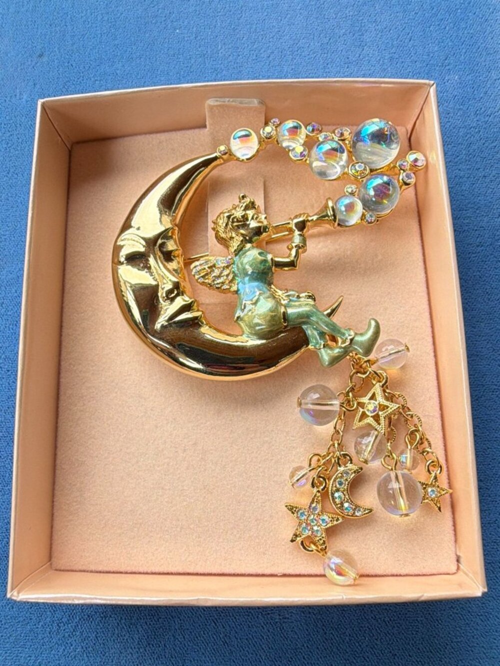 Vintage Kirks Folly Pipedream Fairy Brooch Man in Moon Celestial AB Crystal Pin